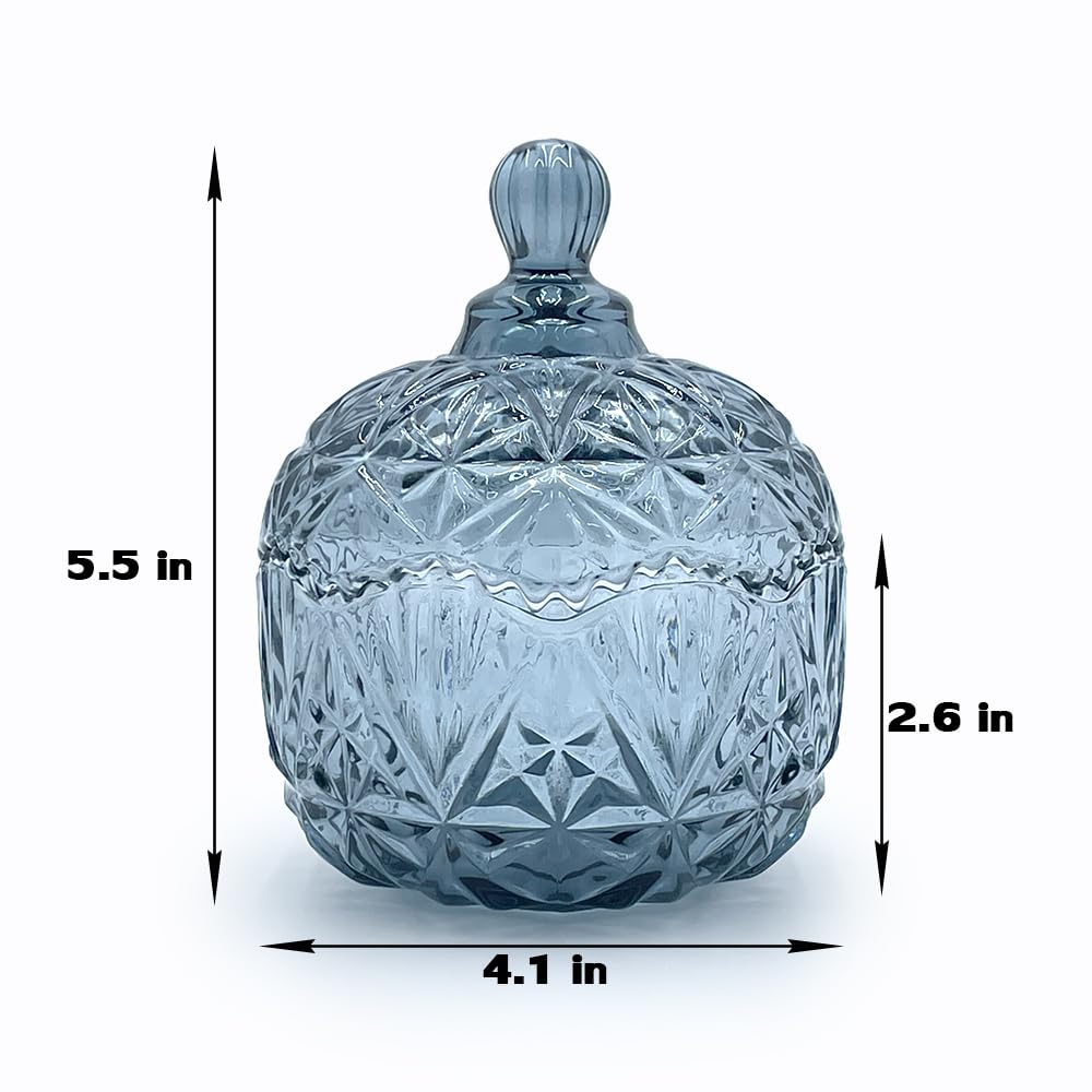 EWEIGEER Colorful Crystal Glass Candy Snack Jar Candy Dish With Lids Jewelry Jar Blue Room Bedroom Decor(Blue Grey)