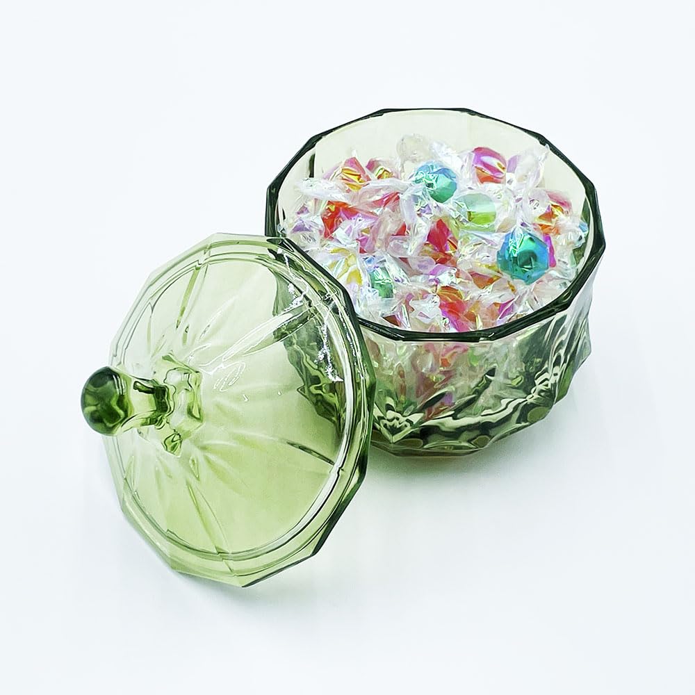 EWEIGEER 8oz Glass Candy Dish with Lid,Small Crystal Chrismas Candy Jar,Cotton Round Holder,Office,Bathroom,Dining Room Organizer(Olive Green)