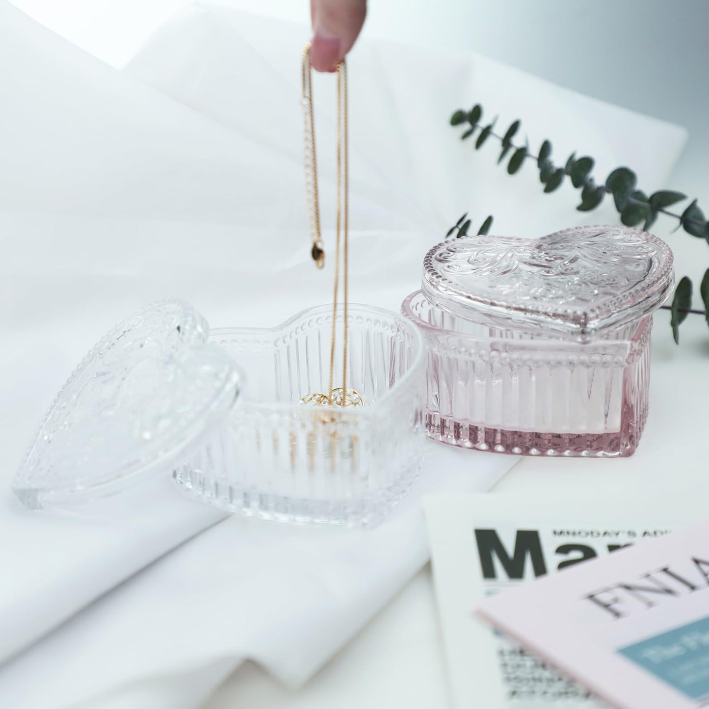 Gaolinci Crystal Glass Heart-Shaped Storage Box Embossed Jewelry Box Candy Box with Lid