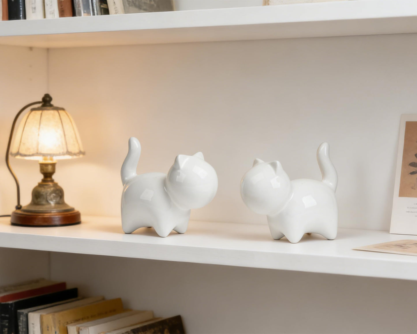 HORTIX 2-Pack Small Ceramic Cat Statues, 3 Inch Cute Kitty Knick Knacks for Home Office Shelf Desk Coffee Table Decoration, Housewarming Gift, White