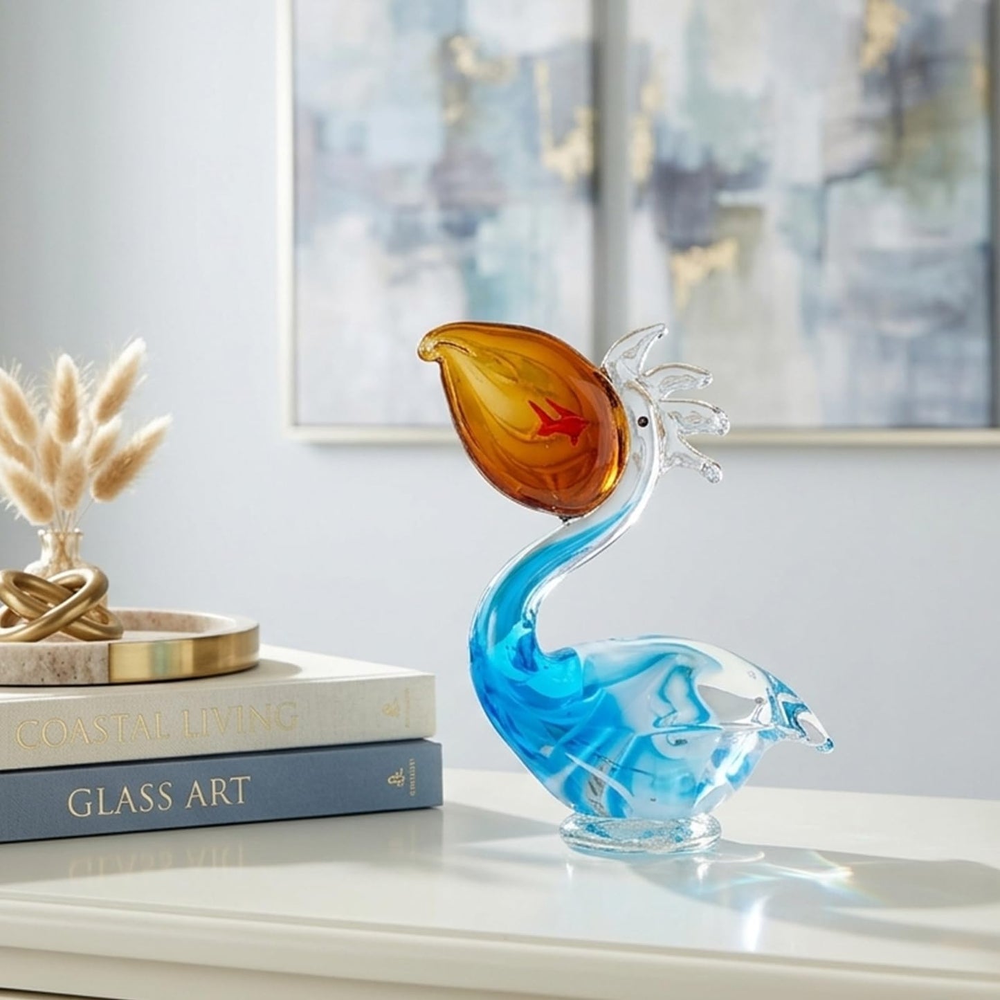 LINYTHER Pelican Figurine, Hand Blown Glass Pelican Figurine Coastal Bird Animal Statue Sculpture for Beach Nautical Home Decor, Art Glass Pelican Ornament for Shelf Tabletop, Gifts for Women
