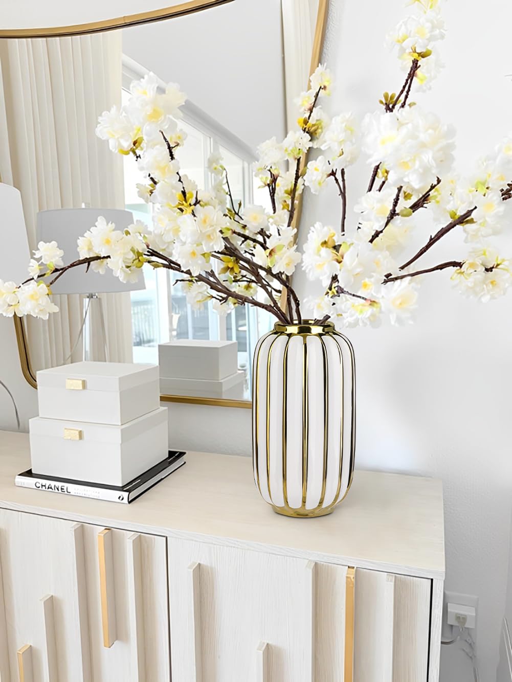 Briful Gold Plated Lantern Ceramic Vase Home Decor Creative Design Porcelain Decorative Flower Vase 11.02'' White Ceramic Vases for Wedding Anniversary Decoration