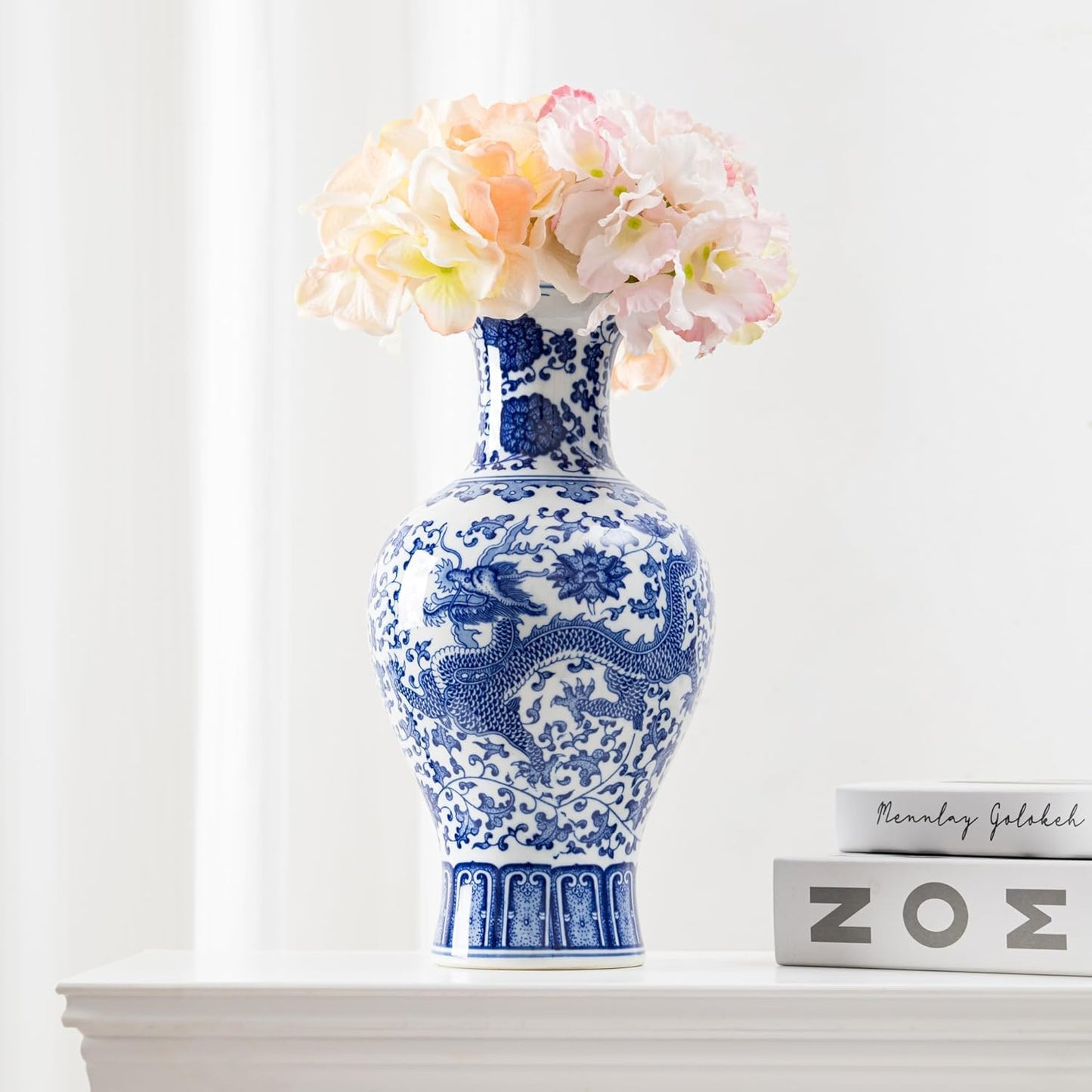 SILINE 12.4” Classic Blue and White Porcelain Vase, Art Decor Big Vase,China Jingdezhen Handmade Ceramic Flower Bottle -YuweiPing