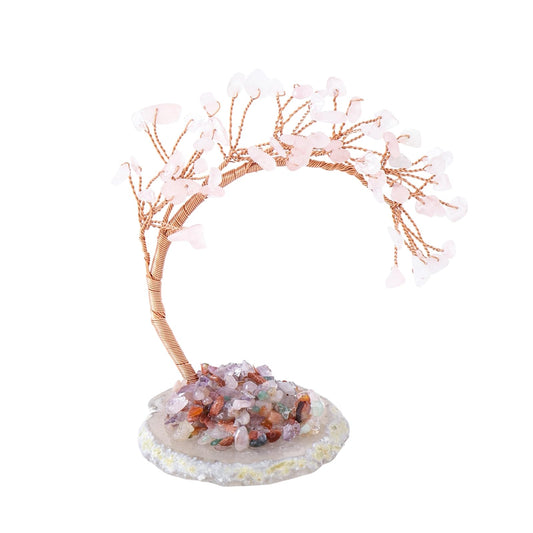 Natural Rose Quartz Healing Crystal Money Tree Handmade Wire Wrapped on Natural Agate Slice Base Gemstone Yoga Feng Shui Trees Home Decor for Mom Mothers Day