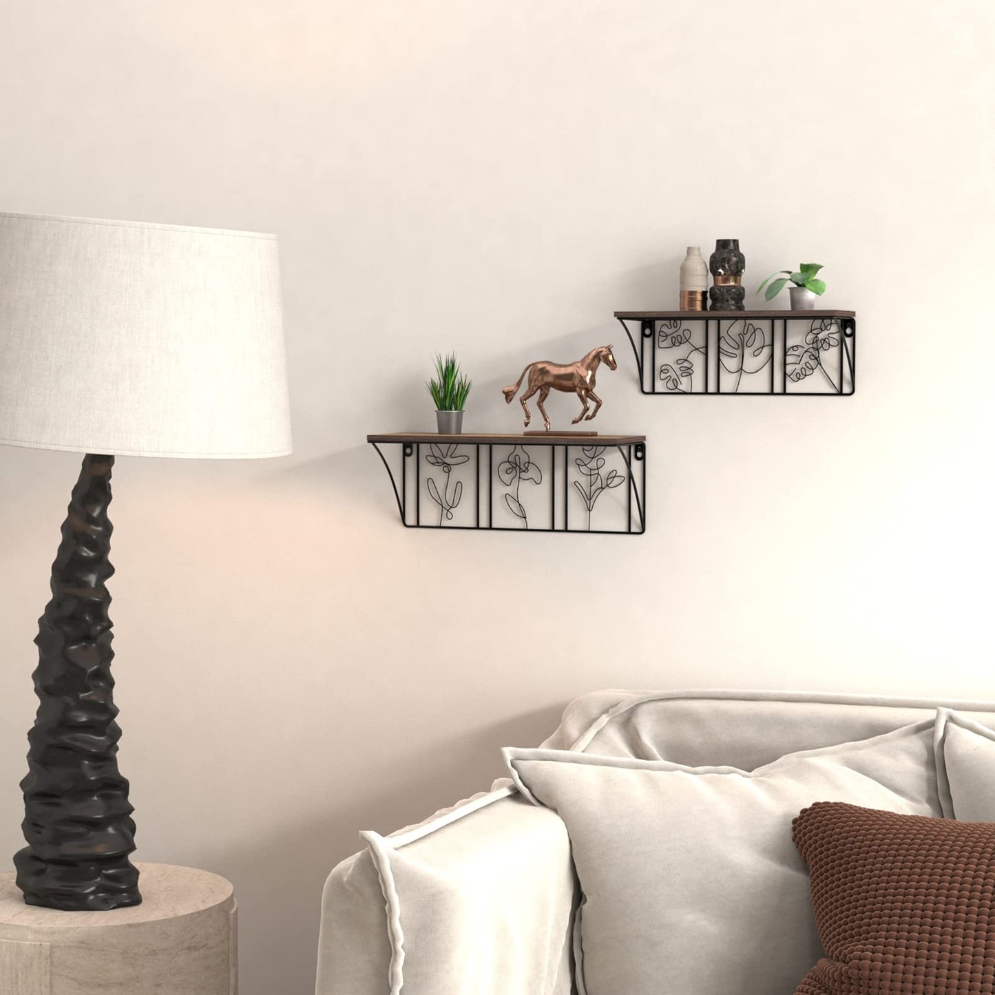 QUTREY Plant Wall Art Floating Shelves Set of 2, Minimalist Metal Abstract Decor Rustic Wooden Shelf for Living Room, Bedroom, Bathroom