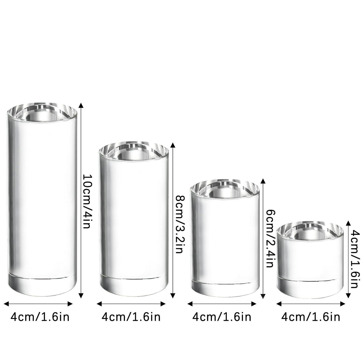 ZEERSHEE 4-Pack Clear Glass Cylinder Display Risers Crystal Blocks Display Stand for Collectibles Art Craft Transparent Solid Bases for Jewelry Cosmetic Crafts Closet Show(4''/3.2''/2.4''/1.6'')