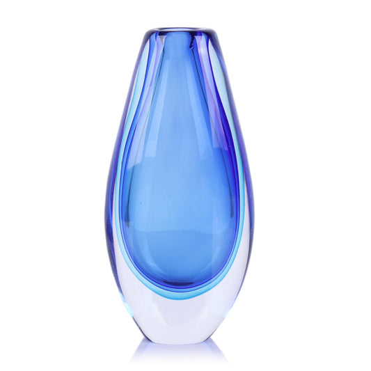 PlivBloom Hand Blown Glass Vase – 8.9" Tall Oval Decorative Art Glass with Colorful Speckled Finish, Luxury Centerpiece for Dining Table, Coffee Table, Mantel, Shelf, Murano Coastal Decor (Blue)