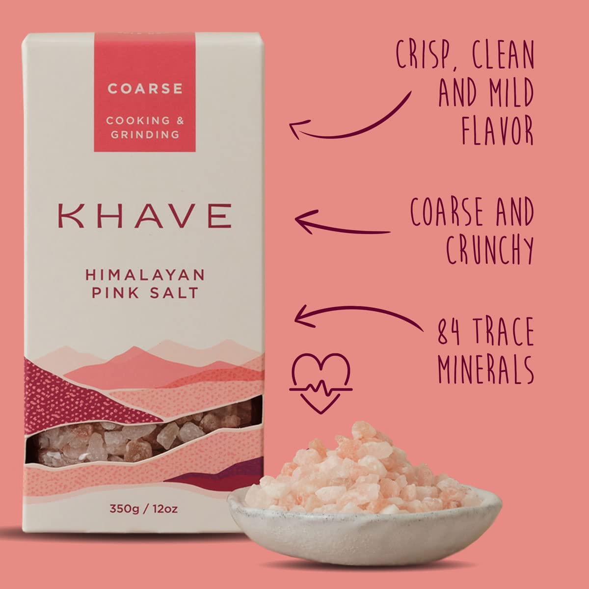 KHAVE Coarse Grain Himalayan Pink Salt - Hand-Picked for Purity | Grinding, Roasting, Brining & Smoking | Grinder Refill | No Additives | 12 oz / 350g