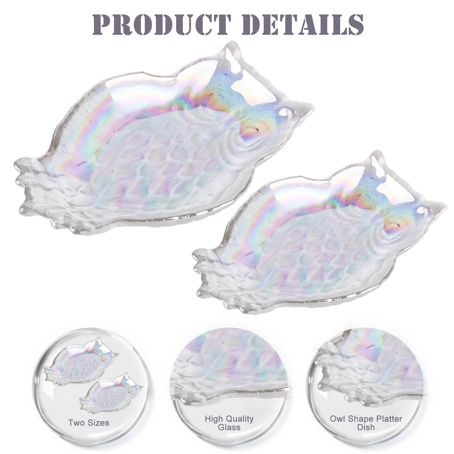 SHOWLOUE Crystal Glass Serving Plates, 8 x 6 Inches Owl Serving Plates Clear Glass Plate for Pasta, Salad, Dessert Taco, Sushi, Home Wedding Décor, Iridescence, Small
