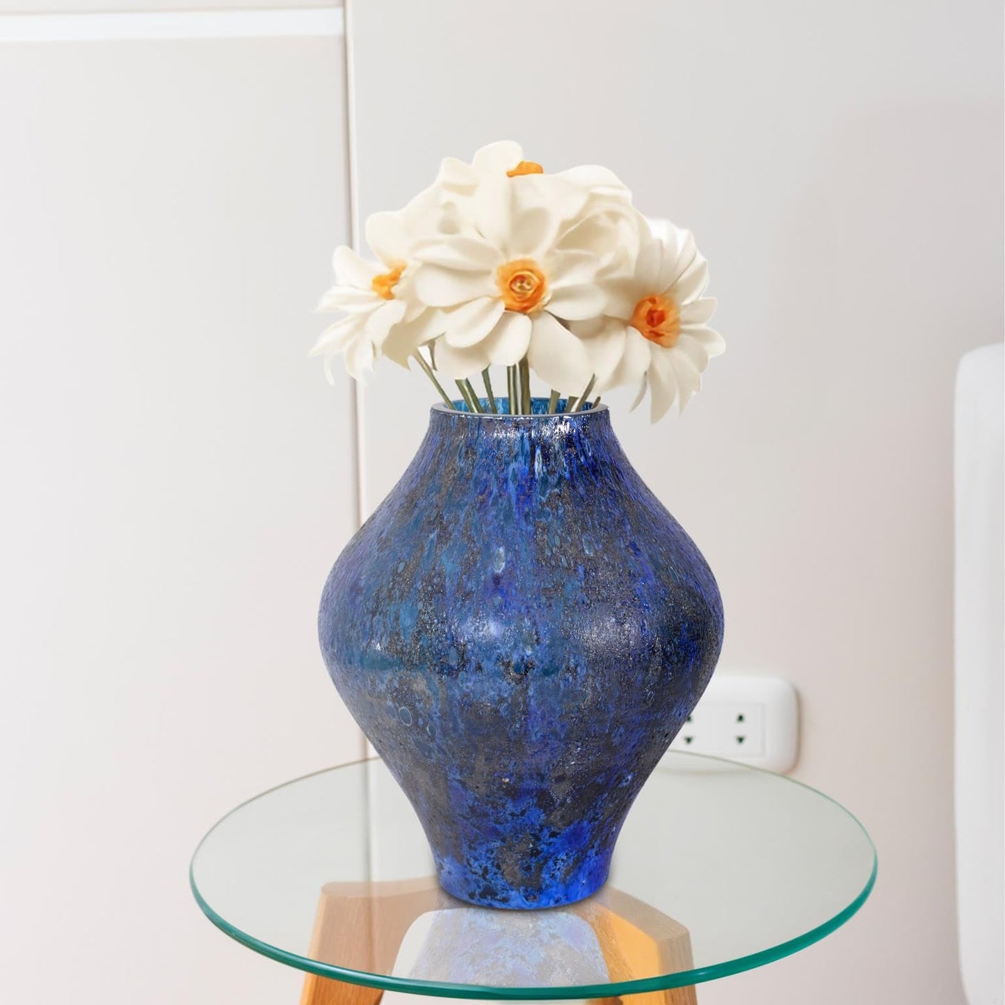 Howard Elliott Collection Zynsky Art Glass Vase, Moon Rock Textured Oval Deep Azure Blue Decorative Flower Vase for Weddings, Floral Arrangements, Living Room & Table Decor, 9.5 x 7.5 Inch