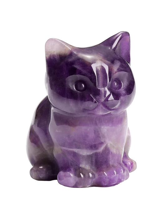Jovivi 1.5" Amethyst Cystal Cat Statue Natural Stone Carved Cute Pocket Sitting Cat Figurines Sculpture Home Desk Christmas Decorations Gifts