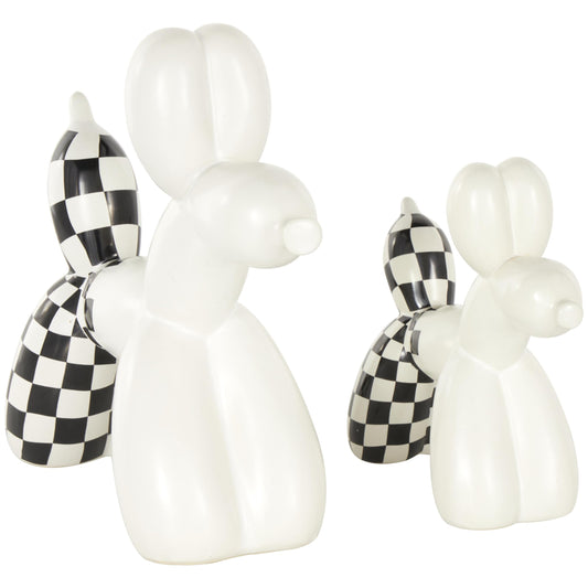 Deco 79 Ceramic Dog Decorative Sculpture Balloon Home Decor Statues with Checkered Accents, Set of 2 Accent Figurines 9", 7"H, White