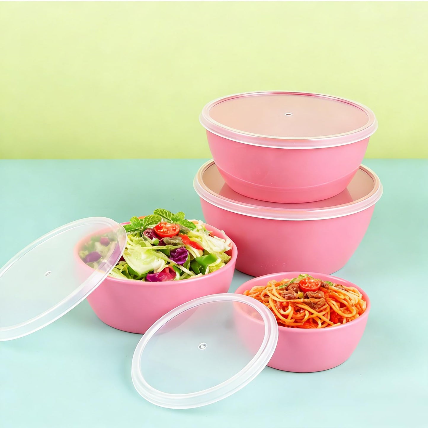 SCWBOEII 4-Piece Classic Plastic Prep Bowls with Lids, Nesting Plastic Small Mixing Bowl Set for Mixing, Baking, Prepping, Cooking and Serving Food, Microwave and Dishwasher Safe (Pink)