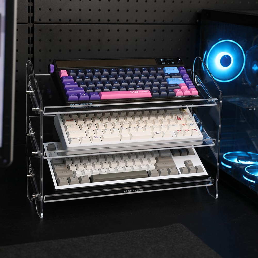 Bright Stone Acrylic Keyboard Display Stand,Mechanical Keyboard Storage Rack,Multilayer Acrylic Organizer,Desktop Shelf Holder for Customized Keyboard (3 Tiers,long)