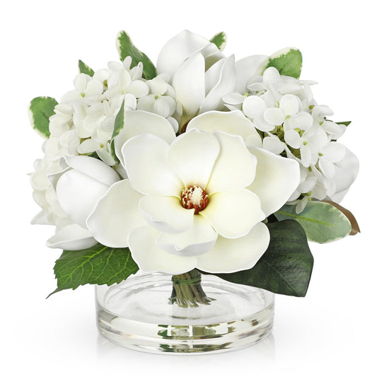 Briful Artificial Magnolia and Hydrangea Flower Arrangement in Glass Vase 9.4" Realistic White Silk Fake Flower with Faux Water Fake Floral Centerpieces for Home Room Office Table Shelf Décor