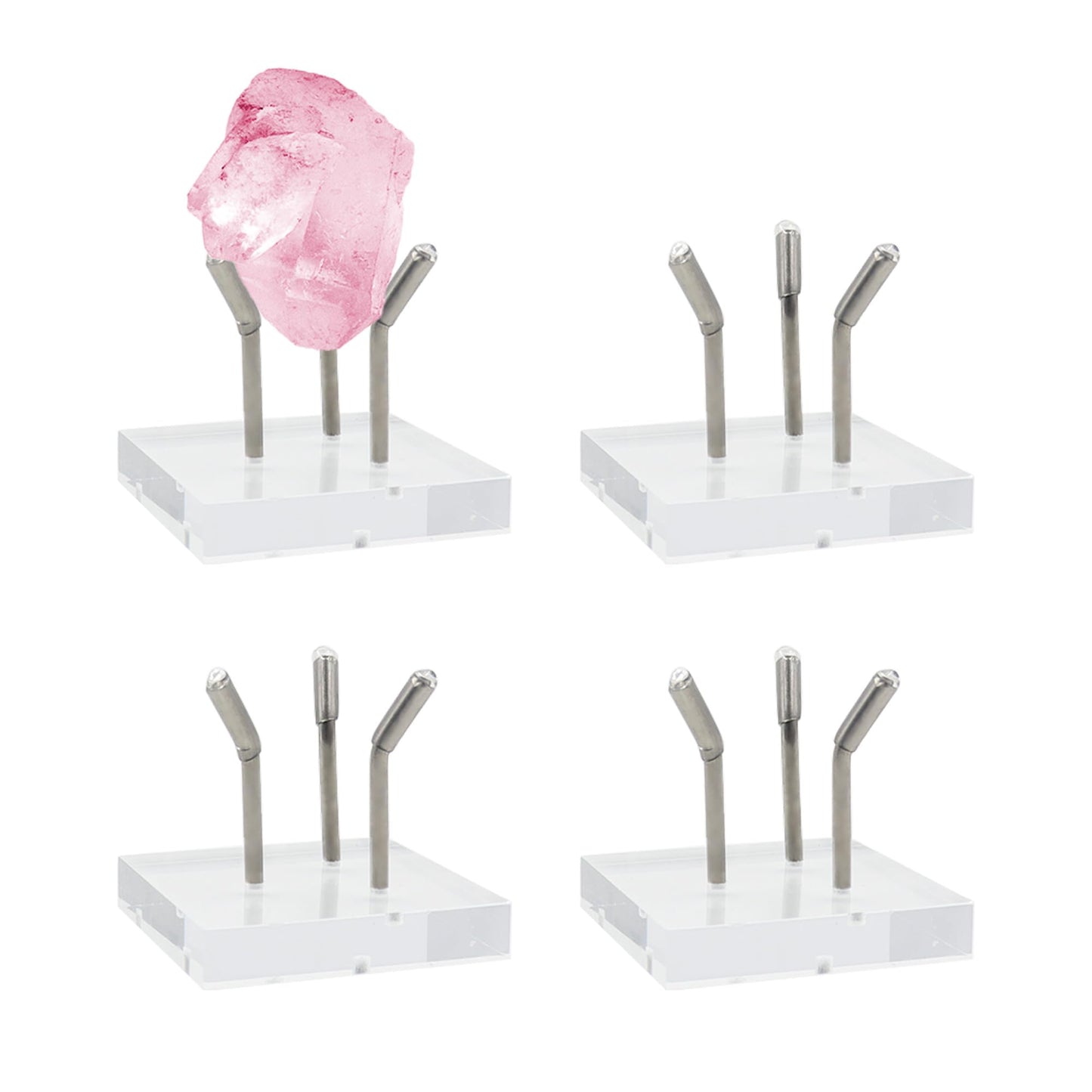 YITOBA 4 Pack Rock Display Stand with 3 Metal Peg, Acrylic Display Stands with Acrylic Base, Clear Crystal Holder for Geodes Mineral Agate and Small Collectibles (Silver)