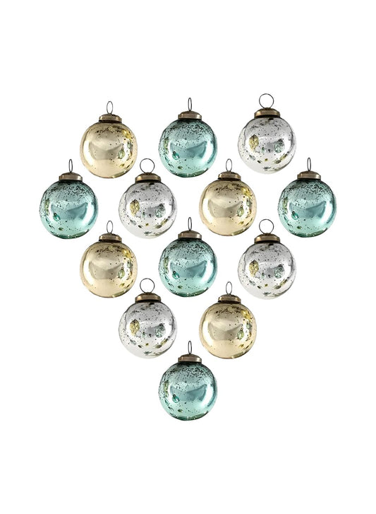 Serene Spaces Living Vintage Style Gold, Blue & Silver Glass Ball Ornaments for Christmas Tree, Holiday Decorations, Winter Wedding, Table Centerpiece, Window Box, 2.5" Diameter, Pack of 12