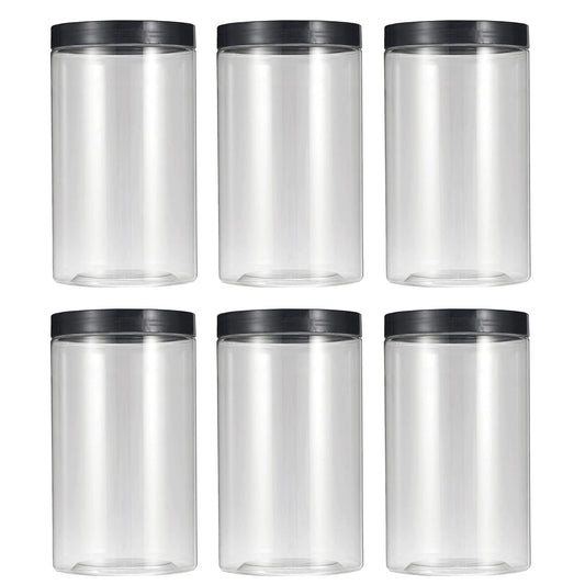 43oz (1280 ml) Clear Plastic Jars with Smooth Black Lids and Labels (6 Pack), Wide Mouth, BPA Free, PET Jars Bulk for Home & Kitchen Pantry Organization and Storage (Black)