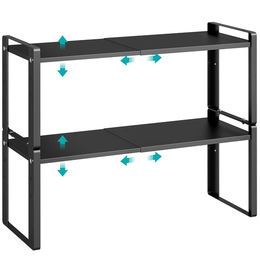 Astrorhine 2 Pack Expandable Cabinet Organizer Shelves, 88lbs High Weight Capacity, Stackable Heavy-Duty Metal Storage Rack, Adjustable Cabinet Shelf for Kitchen, Pantry, Cupboard, Under Sink, Black