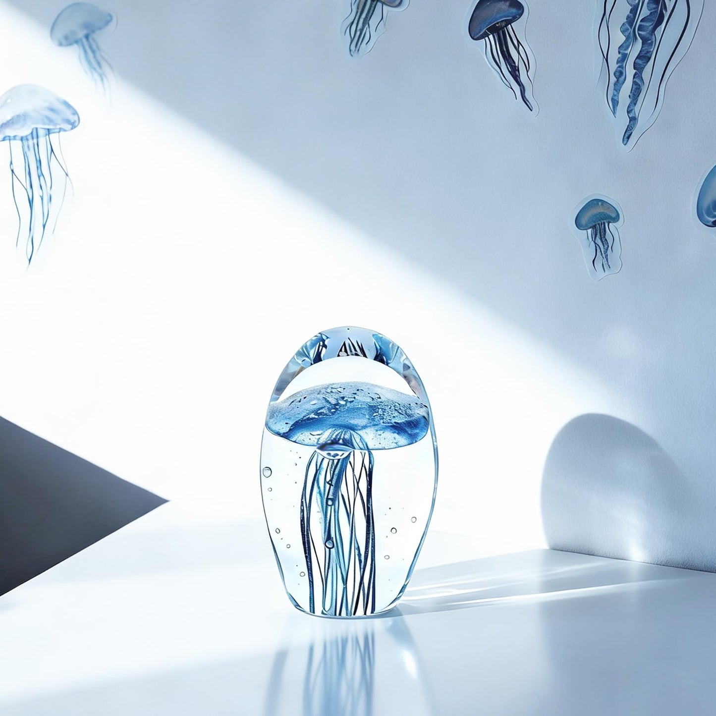 Lovmeety Glass Jellyfish Paperweight, Hand Blown Glass Jellyfish Figurine Sea Creature Paperweight Art Decoration for Home Room Office Party
