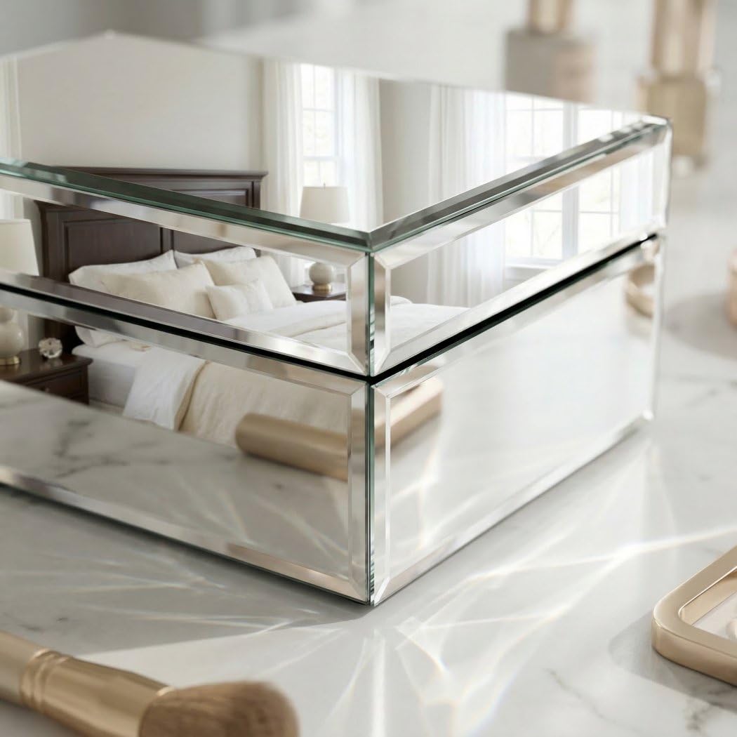 QMDECOR Silver Glass Mirrored Jewelry Box Beautiful Finish Storage Sturdy Organizer High-end Jewelry Organizer Luxury Big Vanity Mirror Box Keepsake Box Attractive Substantial Well Made Jewelry Box
