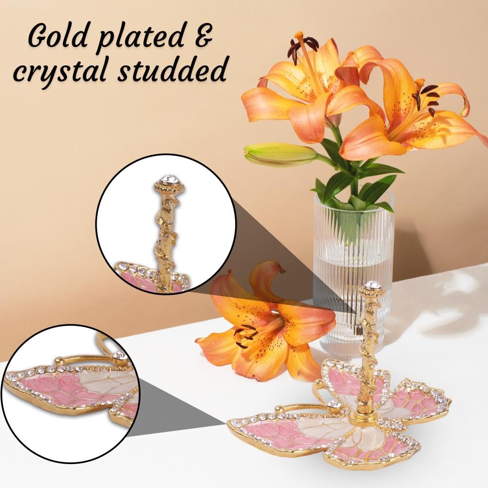 Matashi Butterfly Jewelry Holder for Women, Enamel - Gold Plated Jewelry Stand Organizer Ring Holder w/Crystals, Gift for Mom on Christmas, Mother’s Day, Birthday, Anniversary, Valentine’s Day, Pink