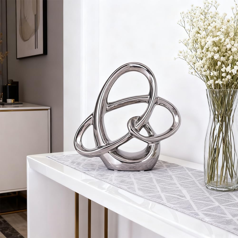 XIYOUQI Modern Silver Ceramic Statue – 8.66in Abstract Art Sculpture for Dining Table Decorations, Home Decor Accents for Shelf, Mantel, Office or Living Room Centerpieces