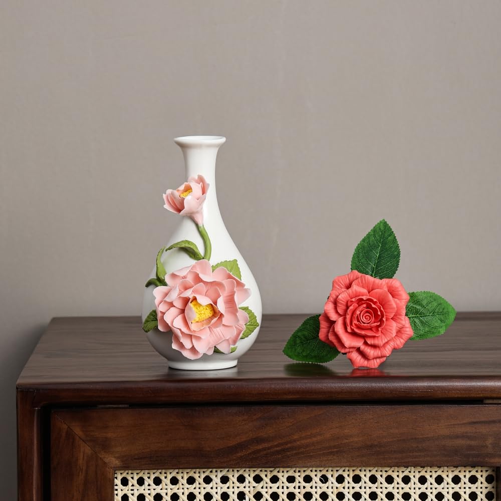 Ceramic Flower Vase Home Decor,Handmade Flowers Ceramic Aesthetic Flower for Home,Living Room,Dining Table,Farmhouse,Office Decor,Bedroom,Table and Kitchen Shelf (Pink, Style B)