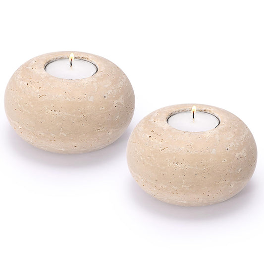 OwnMy 2PCS Travertine Candle Holders Decorative Stone Tealight Candle Holders Set, Elegant Travertine Votive Candle Stands for Dining Table Centerpieces Wedding Home Decors, 4" Dia x 2.2" H