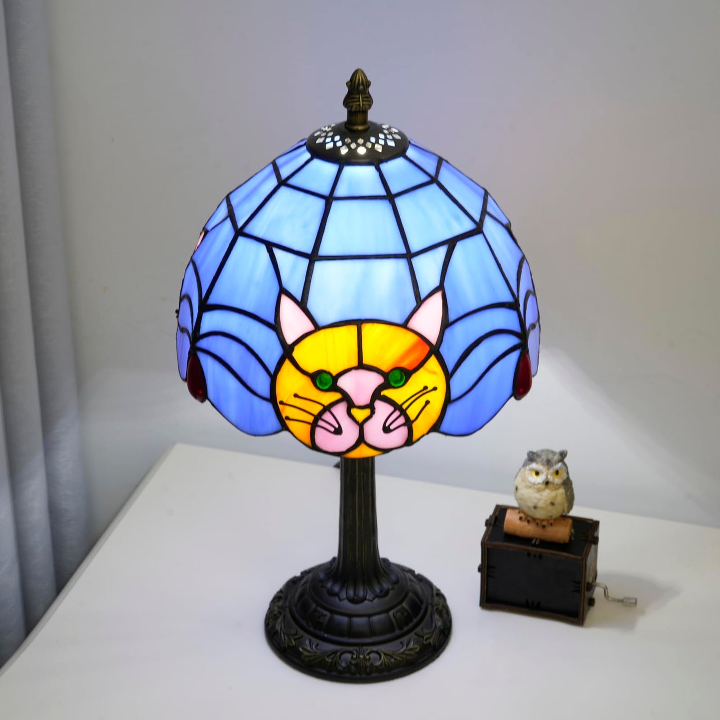 Orange Cat Lamp Tiffany Lamp Blue Stained Glass Table Lamp Cute Small Bedside Nightstand Desk Lamp Warm Light Bedroom Office Living Room Kitchen for Cat Lovers Gift Halloween Christmas Kids Decor LED