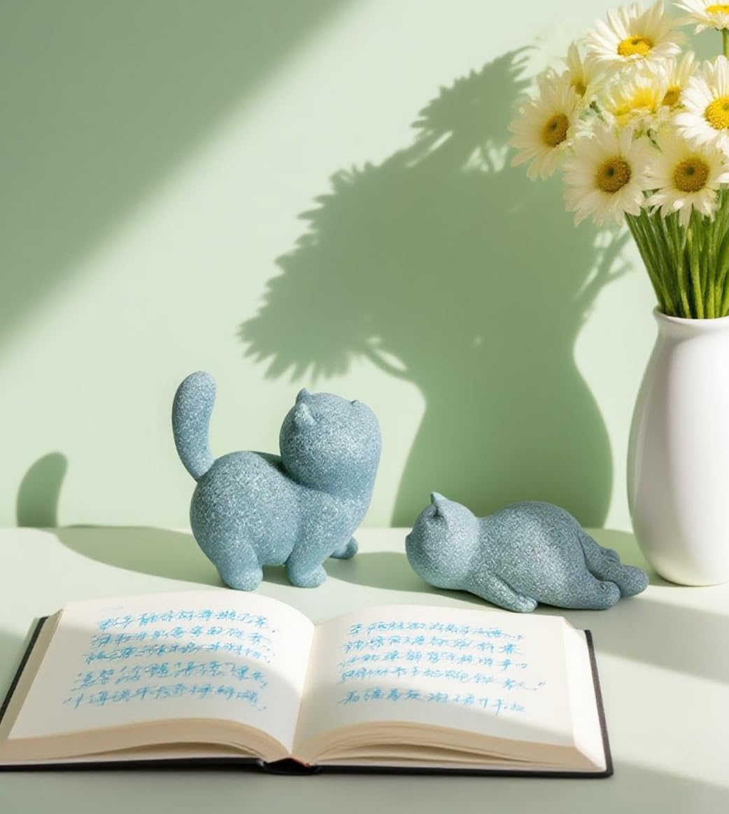 livelyfish Cute Cat Figurine Lucky Cat Statue Sandstone Animal Sculpture Tea Pet Tabletop Ornaments Micro Landscape Fairy Garden Aquarium Decor (B)