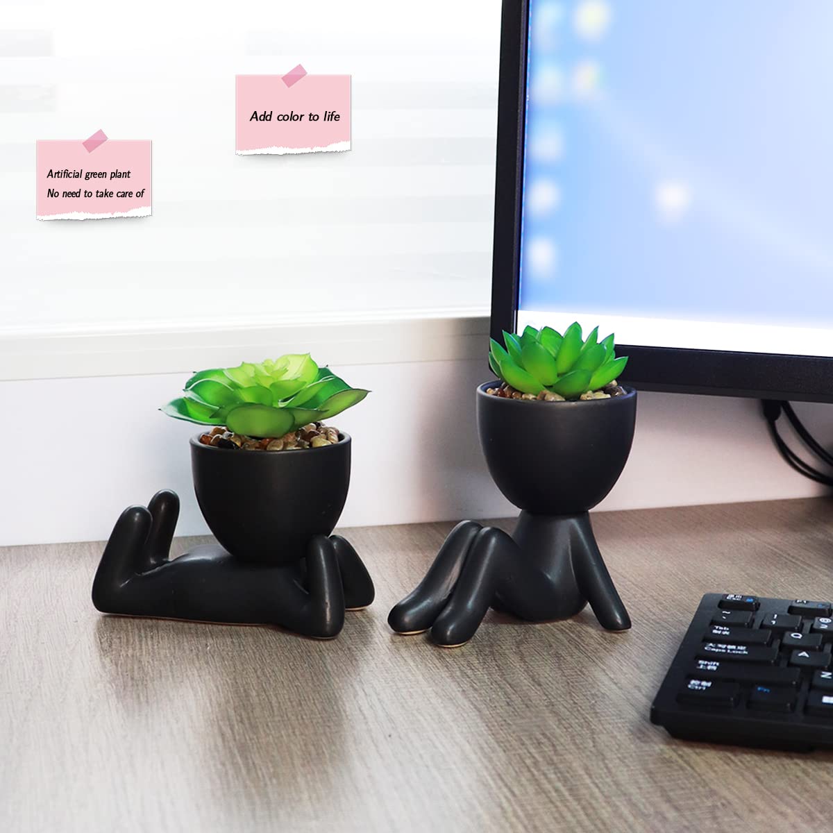 Zerzsy 3pcs Creative Artificial Succulents with Gray Flower Pots Bundle with 2PCS Cute Artificial Succulent Plants with Creative Human Shaped Pots