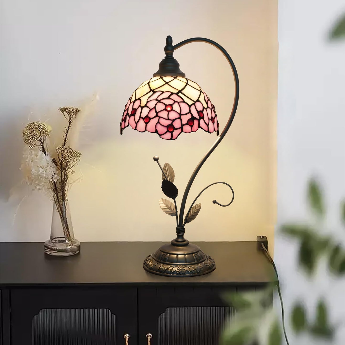 wecrejoni Tiffany Style Cherry Blossom Stained Glass Table Lamp Cute Small Table Lamp Bedroom Bedside lamp Living Room Dining Room Office Decoration Desk lamp Home Decoration Creative Gift Scene Props