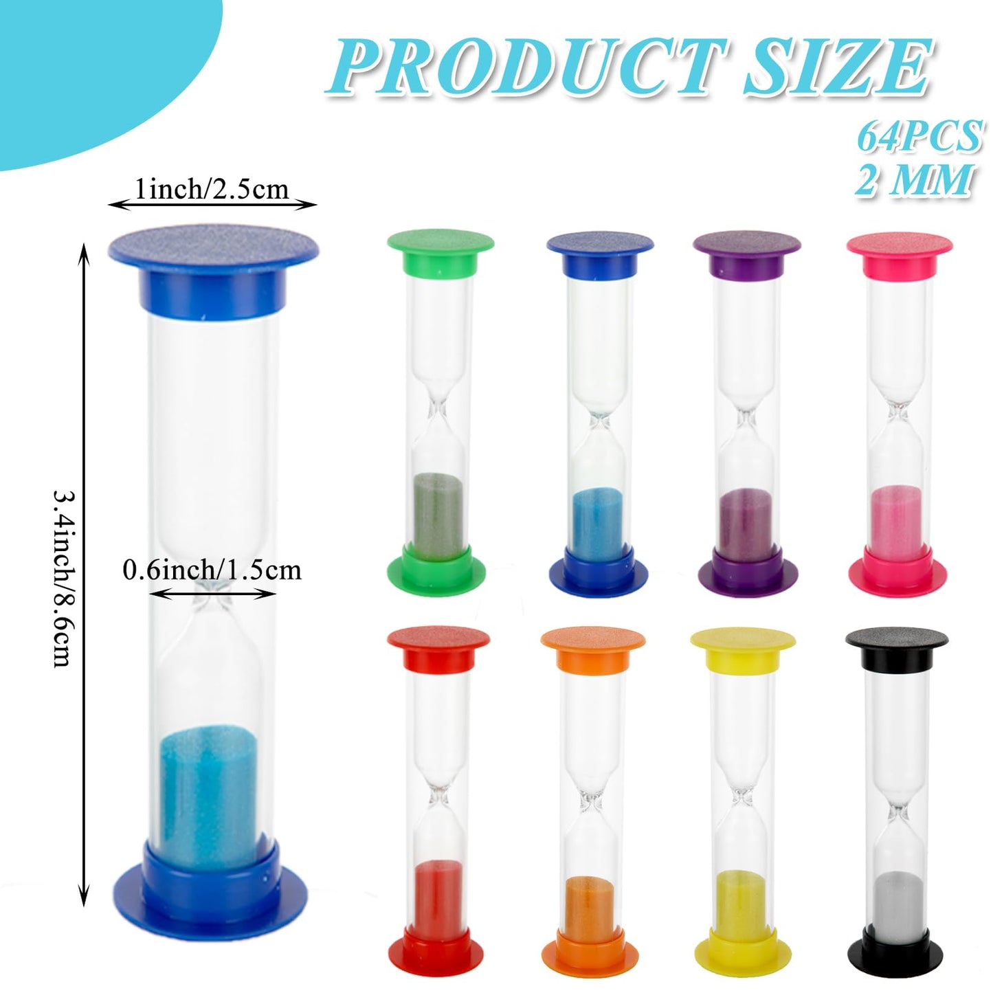 WOPPLXY 64 Pcs 2 Minute Sand Timer, Colorful Hourglass Sand Clock, Plastic Hourglass Timer, Plastic Small Sand Watch Hour for Classroom Learning