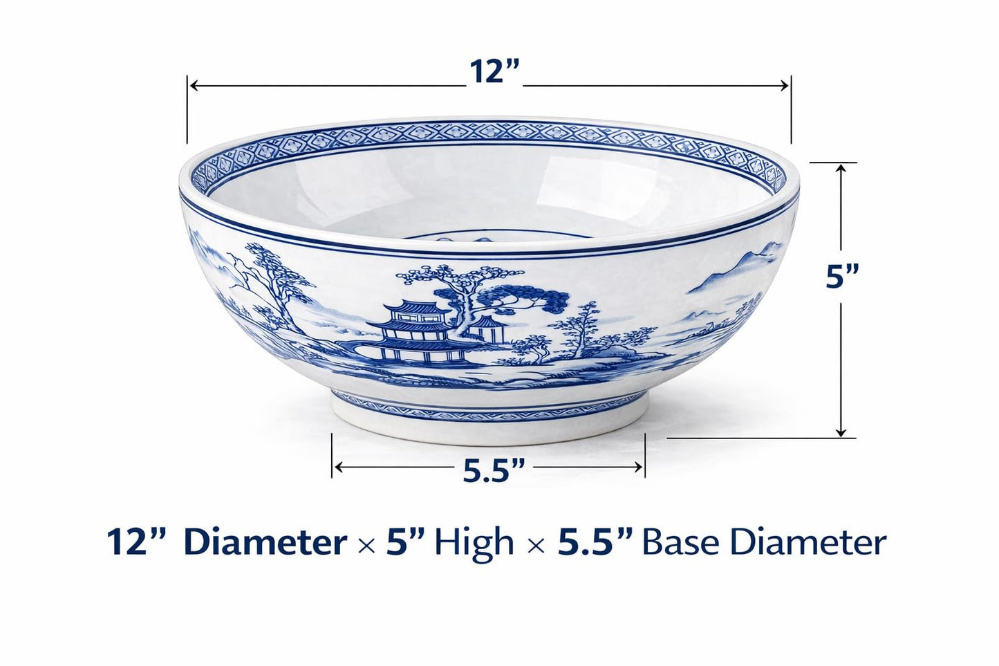 Festcool 12 Inch Blue and White Porcelain Bowl, Large Chinese Decorative Centerpiece Bowl, Oriental Landscape Ceramic Bowl for Tabletop, Fruit Display, Kitchen Counter and Home Décor