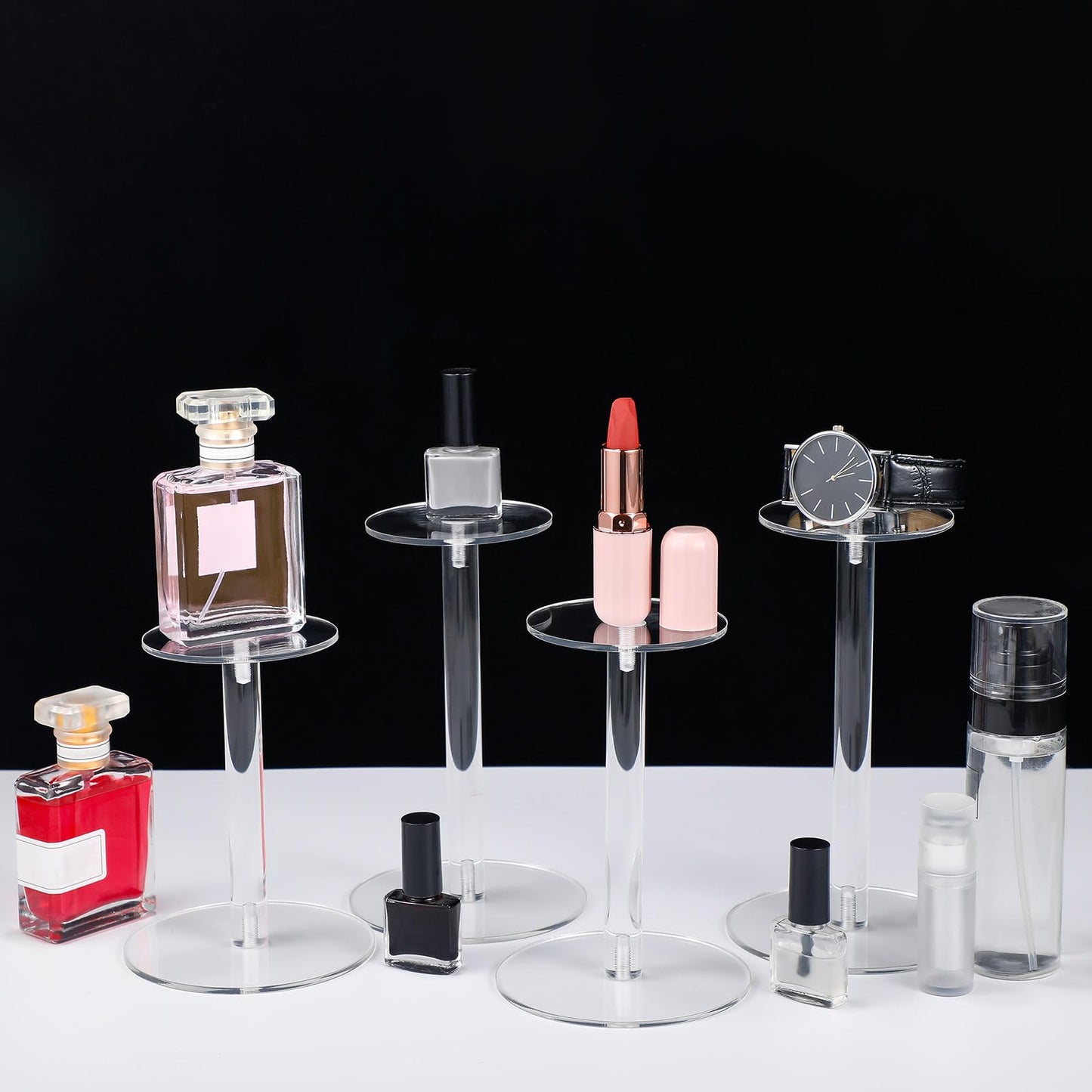 Soaoo 4 Pcs Round Acrylic Display Stands Small Clear Display Risers Plastic Clear Acrylic Pedestal Set for Hat Jewelry Watch Plant Cake (4 Size)