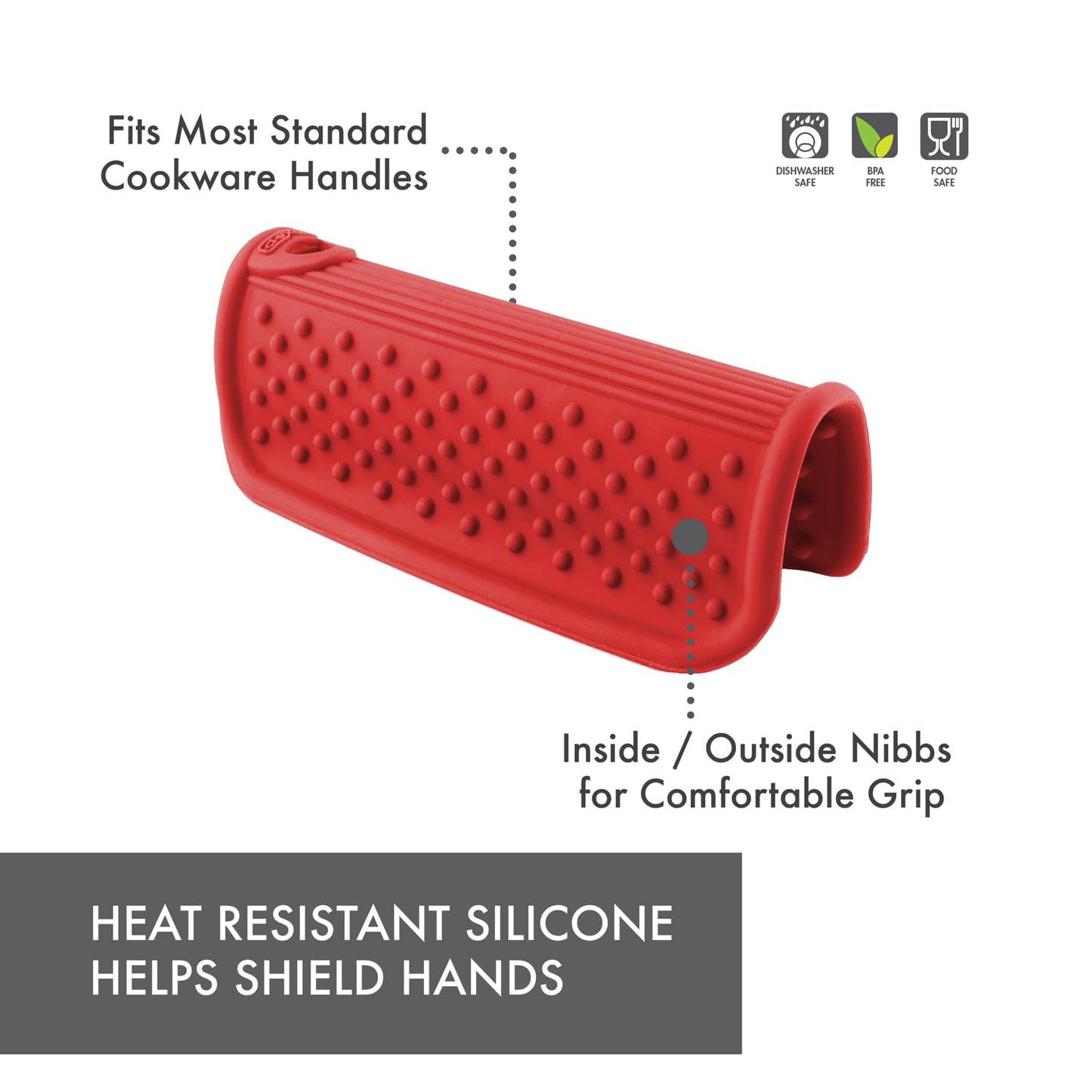 Dexas Silicone Pot Handle Holder, Heat Resistant Non Slip Grip for Hot Cookware Handles, Dishwasher Safe Kitchen Accessory, Red