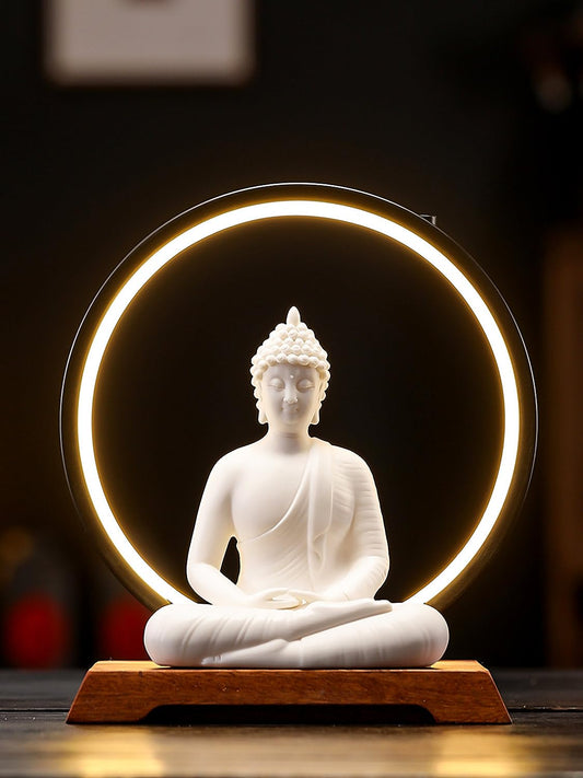 Dyware 8.8 Inch LED Buddha Statue for Indoor, White Ceramic Small Buddha Statue with LED Light for Home Decor