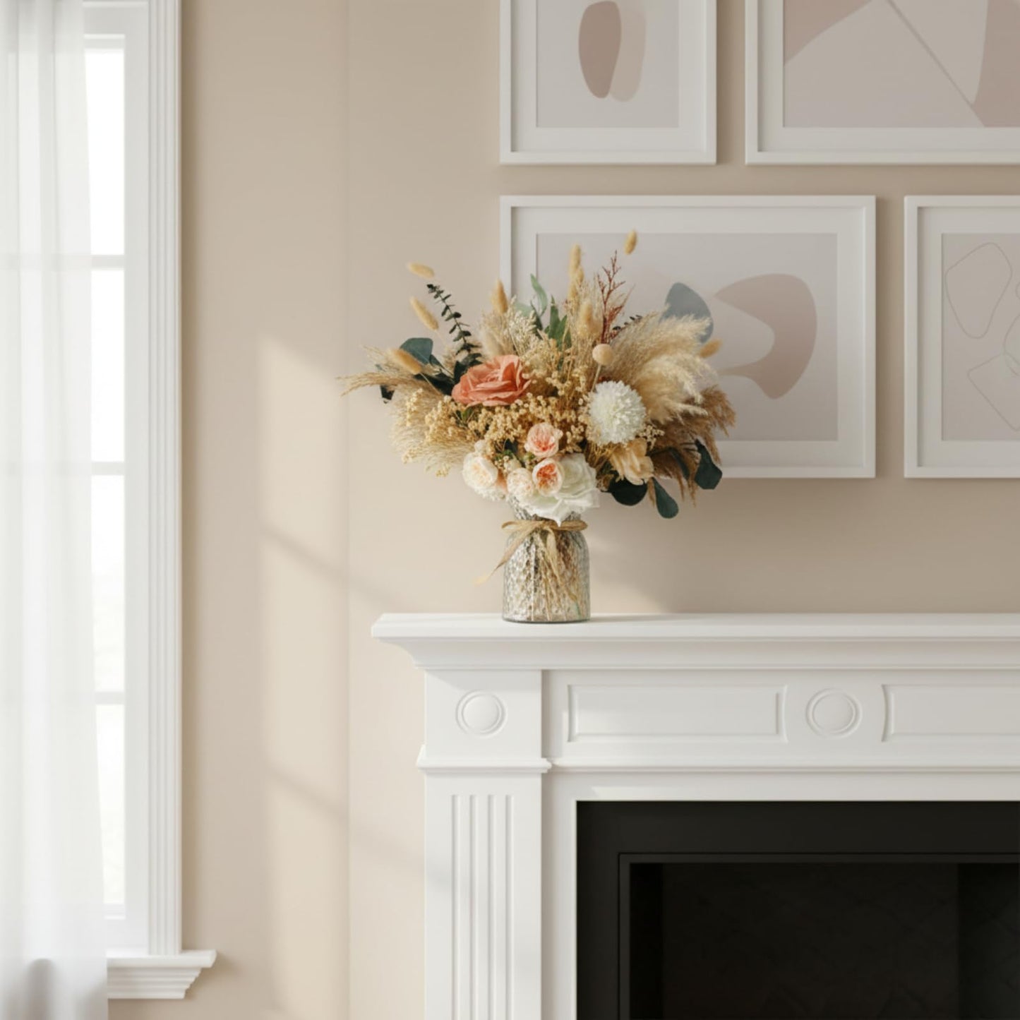 Luxury Floral Arrangement with Vase - Pampas Grass & Artificial Flowers for Kitchen Island, High End Centerpiece Decor, Coffee Table & Dining Table, Farmhouse Boho Home Decor with Dried Flowers