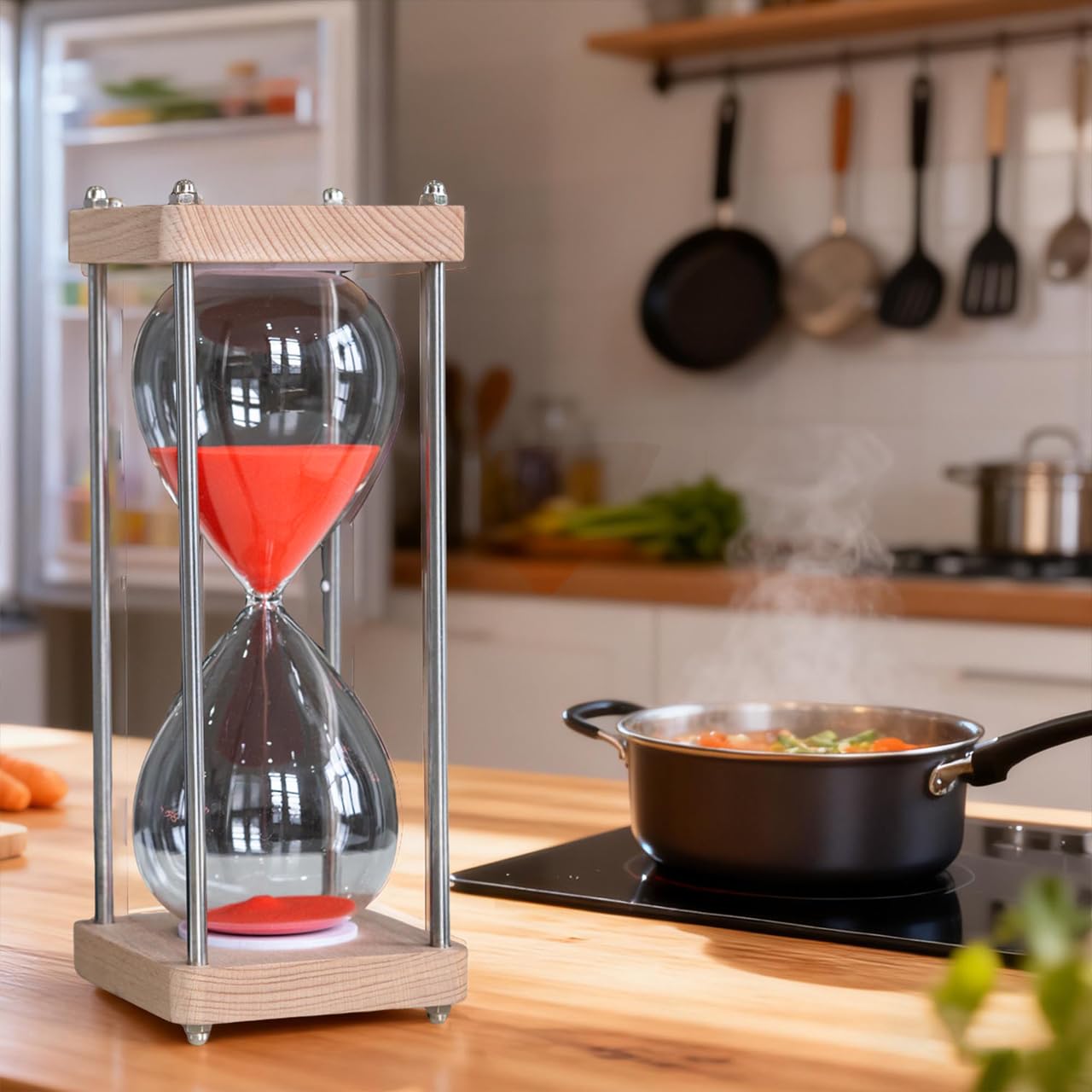 Large 60 Minute Hourglass, with Transparent Glass & Natural Oak Wood Base, Modern Minimalist Office Home Desktop Decor (Red)
