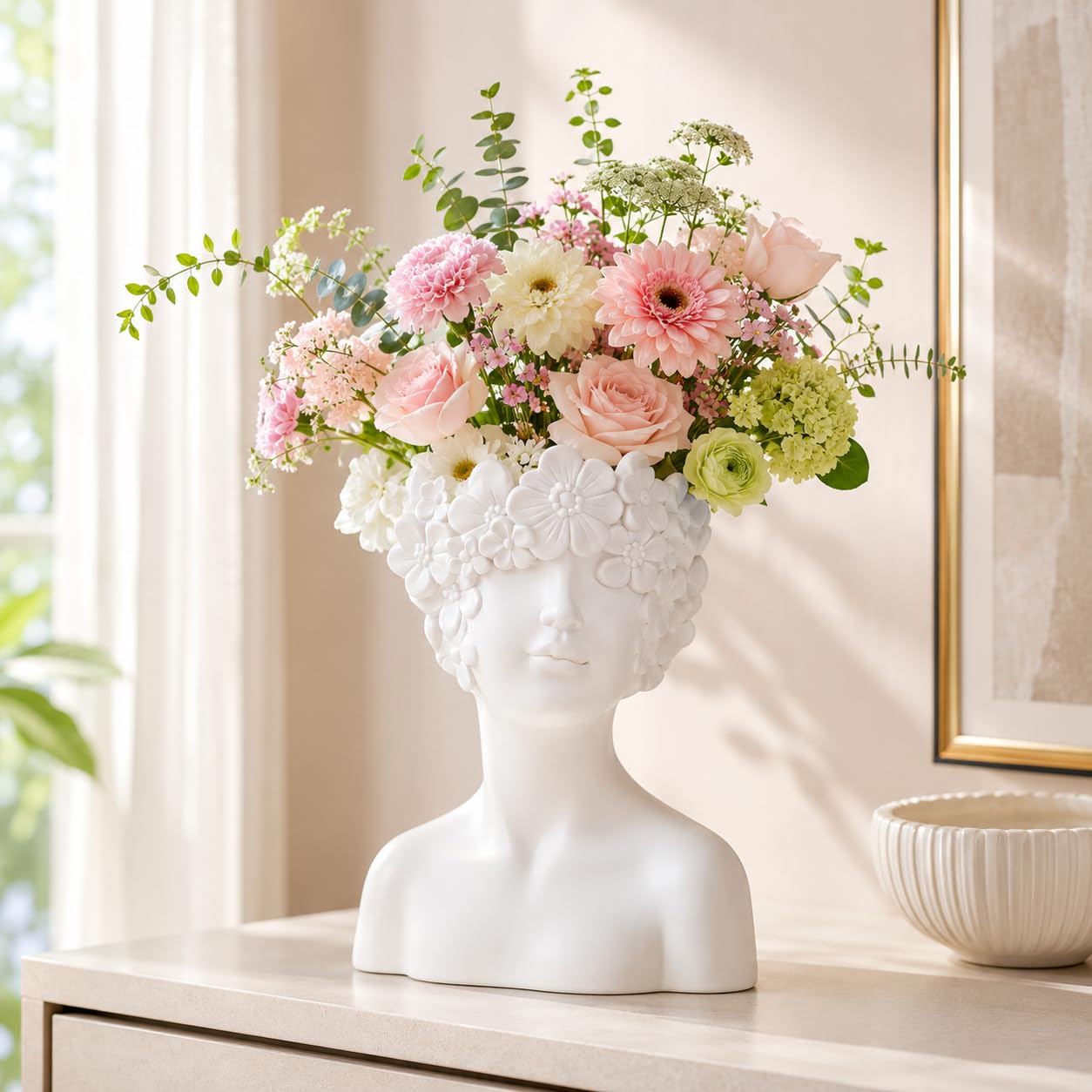 White Flower Vase,Face Vase Bust Head Shaped Ceramics Statue,Suitable for Birthday Gifts Home Office Decoration (Charming vase)