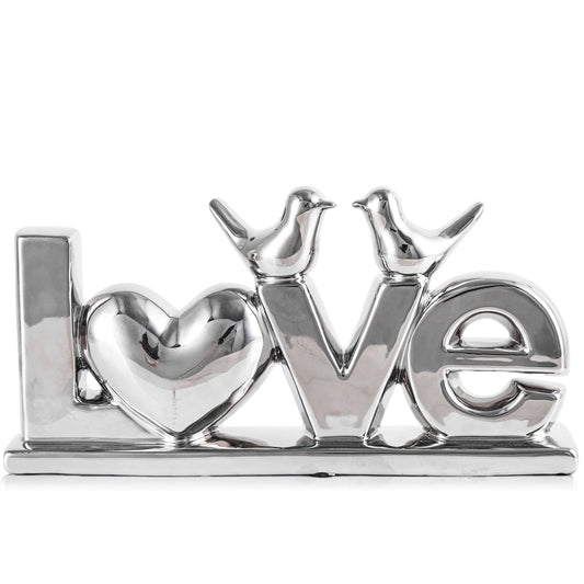 Ceramic LOVE Letter Decor with Bird Statues,Modern Silver Sculpture Optimized for TV Stand & Floating Shelf,Sophisticated Tabletop Ornament,Romantic Anniversary & Wedding Gift for Couples (Silver)