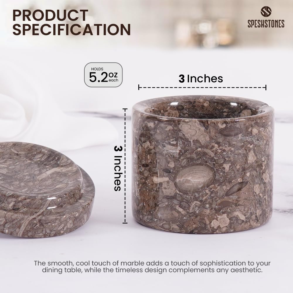 SPESHSTONES Marble Salt Cellar Set of 2 Handmade Stone Salt and Pepper Containers with Lid and Spoon - Marble Salt Box & Spice Jars, Sugar Bowl, 5.2 Oz Salt Holder for Countertop and Table