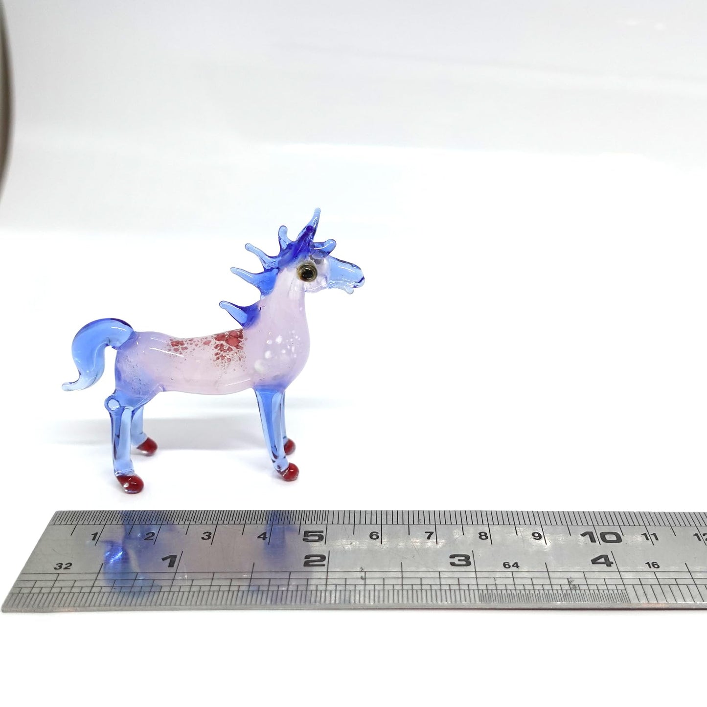 Sansukjai Horse Miniature Figurine – Handmade Blown Glass Art – Tiny Animal Collectible Sculpture – Unique Home Decor Gift (Blue Pink)