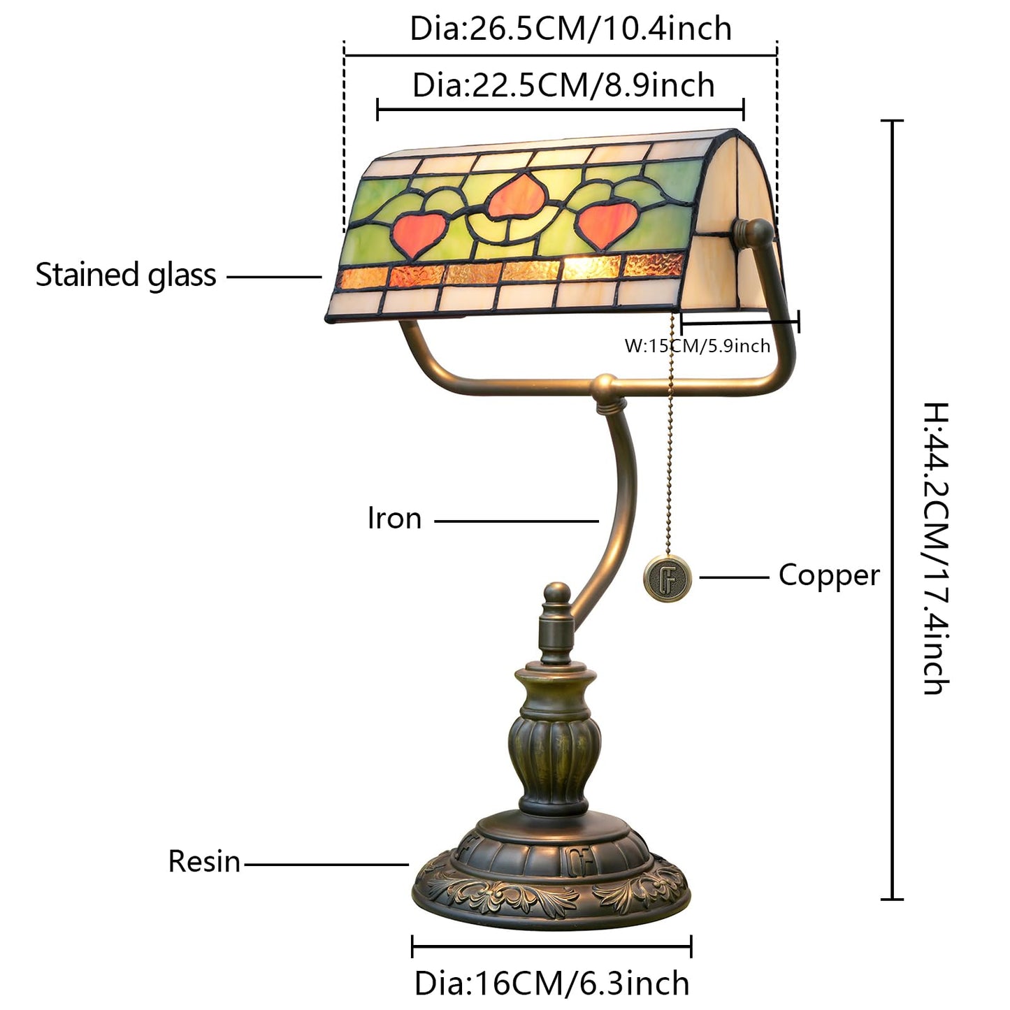 Blivuself Tiffany Style Heart Bankers Table Lamp Stained Glass Vintage Bedroom Bedside Study Pull Chain Reading Desk Lamps Office Nightstand Aesthetic Antique Green Banker'S Lamp Work Light Desklamp
