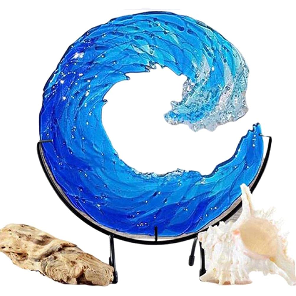 Zerodis Sculpture,Blue Sea Desktop Decoration Ornaments Abstract Art Statue Blown Glass Waves Decor for Office Desk Decor Book Shelf Decor (2)