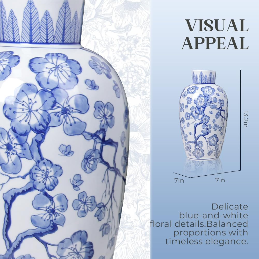 Andaliz Blue and White Ceramic Vase 13.2 Inch, Hand-Painted Floral Plum Blossom Design, Large Floor Vase for Living Room, Entryway Home Décor