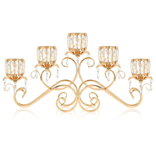 Kehail Gold 5 Arms 26.8 Inches Wide Crystal Pendant Bowl Tea Light Candle Holder, Large Bling Centerpiece Table Decorations, Metal Votive Candle Holders for Dining Table (Gold, Cup-Shaped)