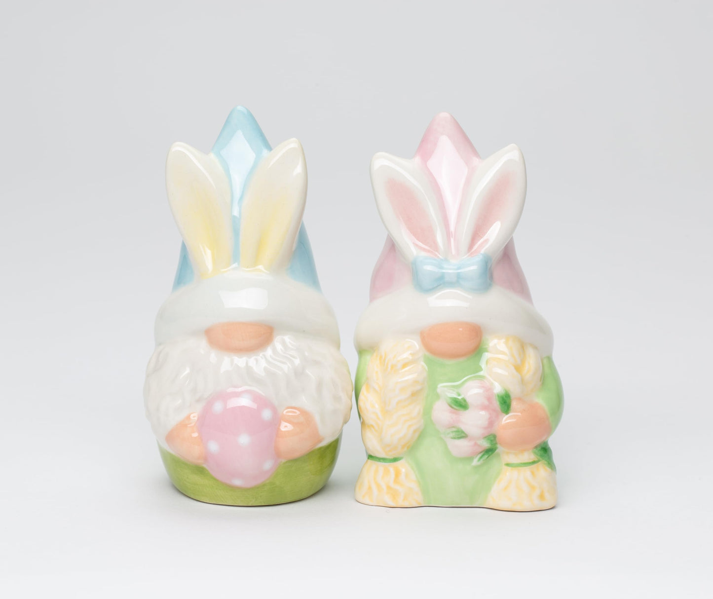 Fine Ceramic Spring Easter Gnome Bunny Rabbit Salt & Pepper Shakers Set, 3-7/8"