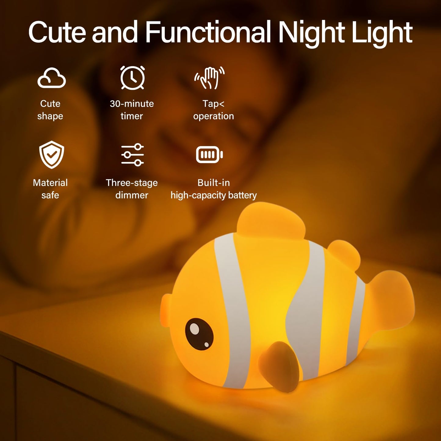 AVACOM Night Light for Kids Toddler Nursery - Cute Clownfish Squishy Silicone Baby Lamp for Bedtime Breastfeeding, Rechargeable Portable Touch Pat Nightlight with 3 Brightness & 30-Min Auto-Off Timer